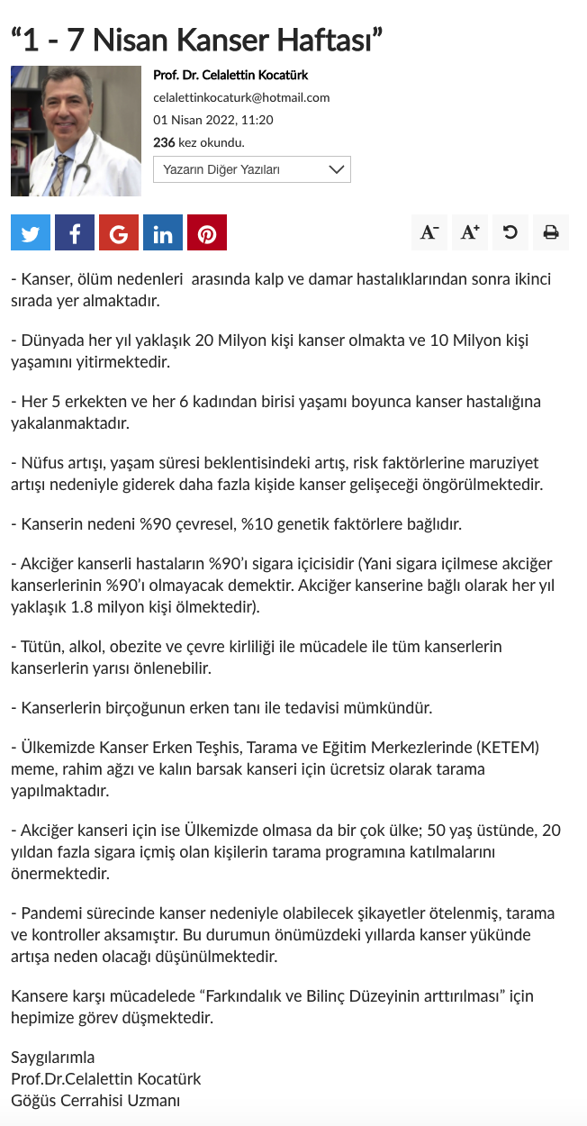 1-7 Nisan Kanser Haftası